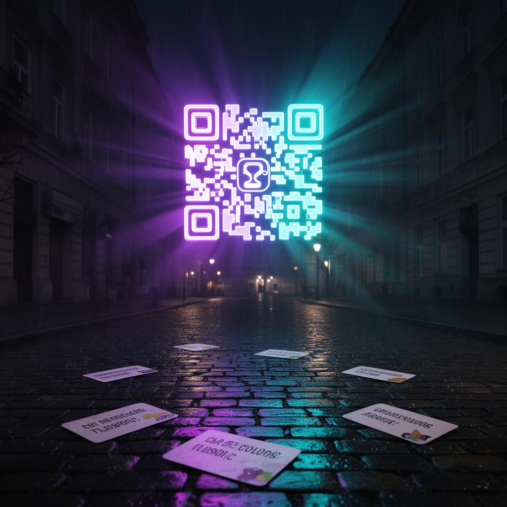 A glowing city code above a cobbled street