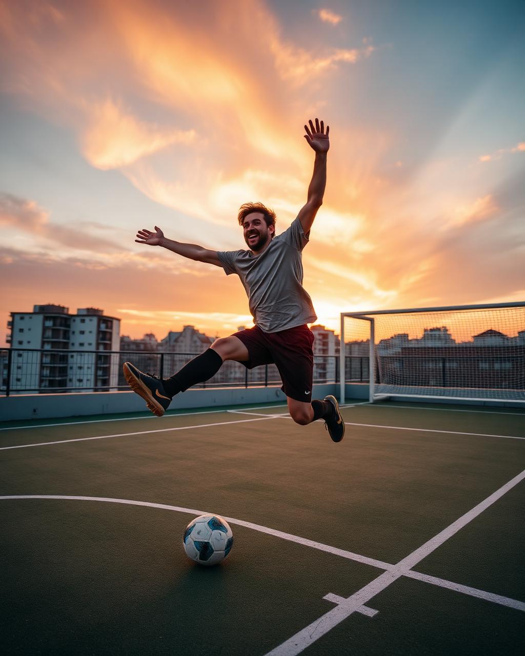 A football player celebrating at sunset