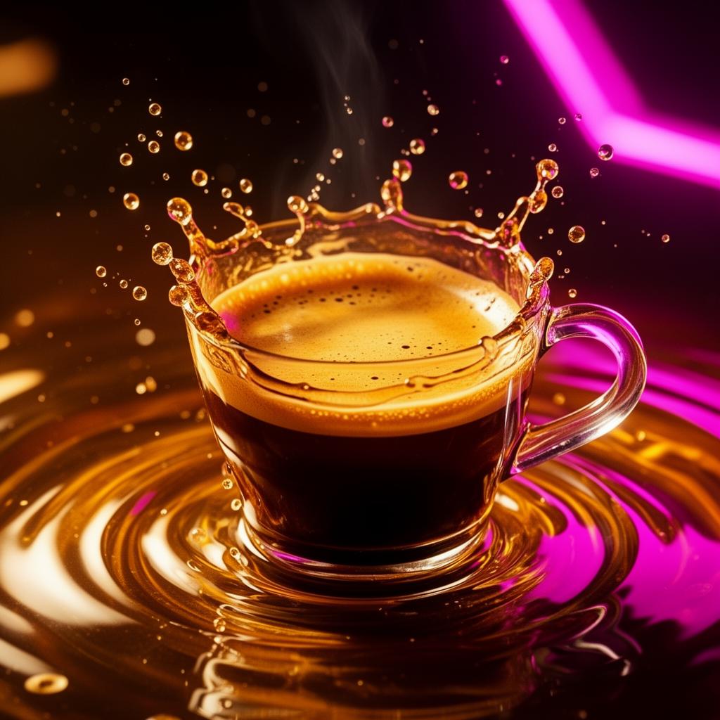 An espresso splashing under vivid city lights