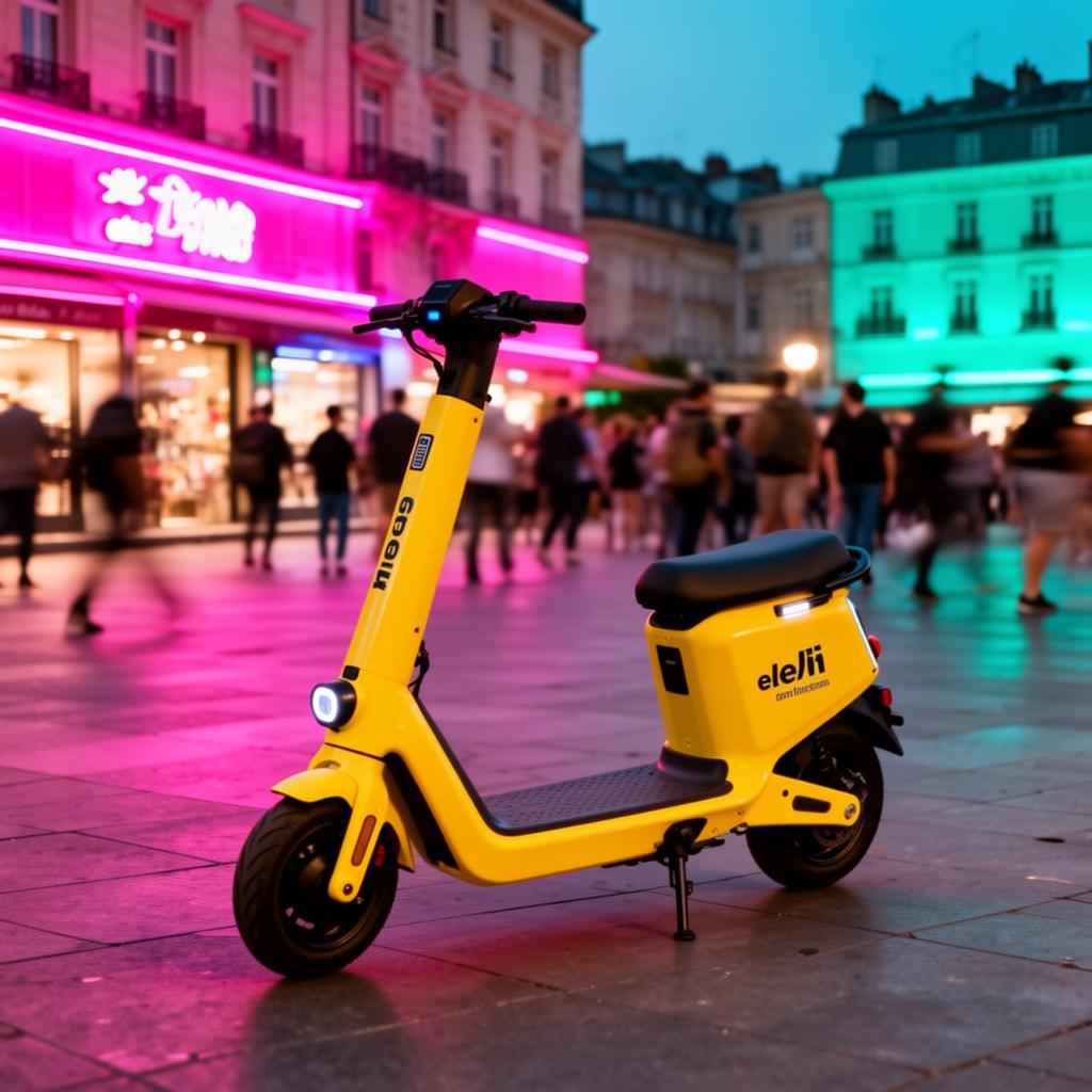 A yellow electric scooter in a lively city square